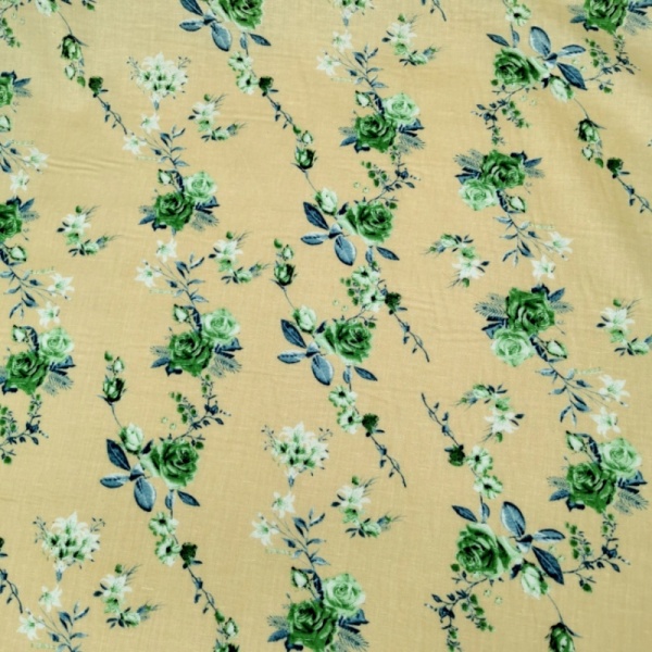 Printed Egyptian Cotton -  Green Roses on Beige